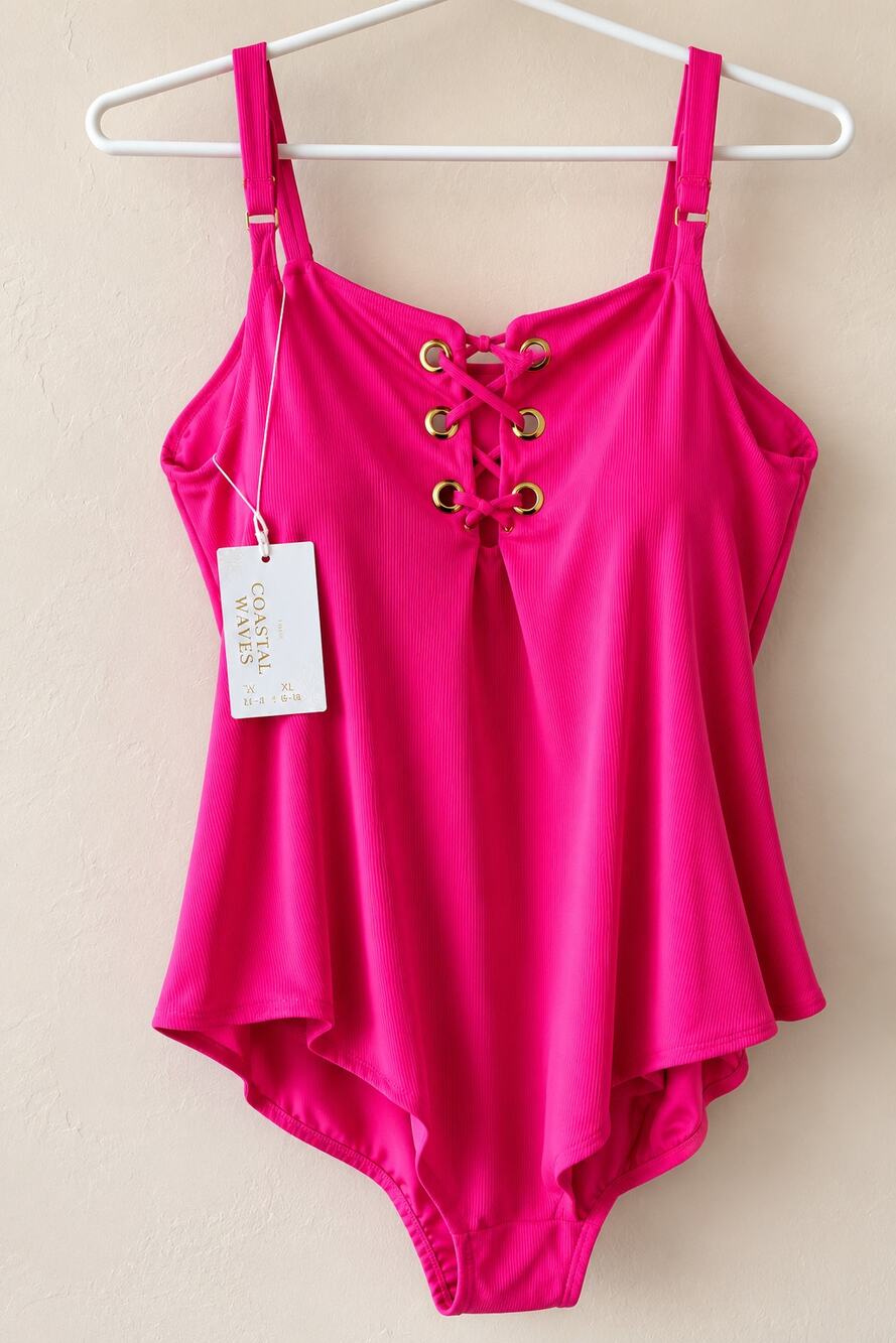 Coastal Waves Swimwear Pink One Piece Swimsuit 3X NWT Lace Up Plus Size